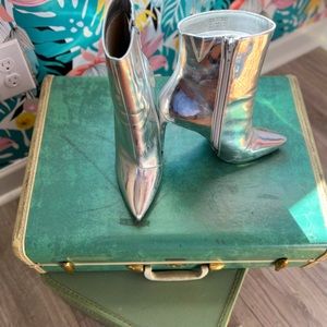 Aldo; Shimmer & shine. Silver, metallic, stiletto bootie.